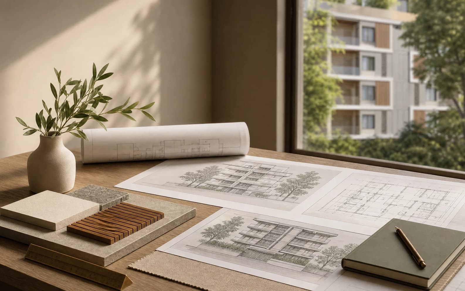 Architectural drawings and materials representing the Richwoods design process