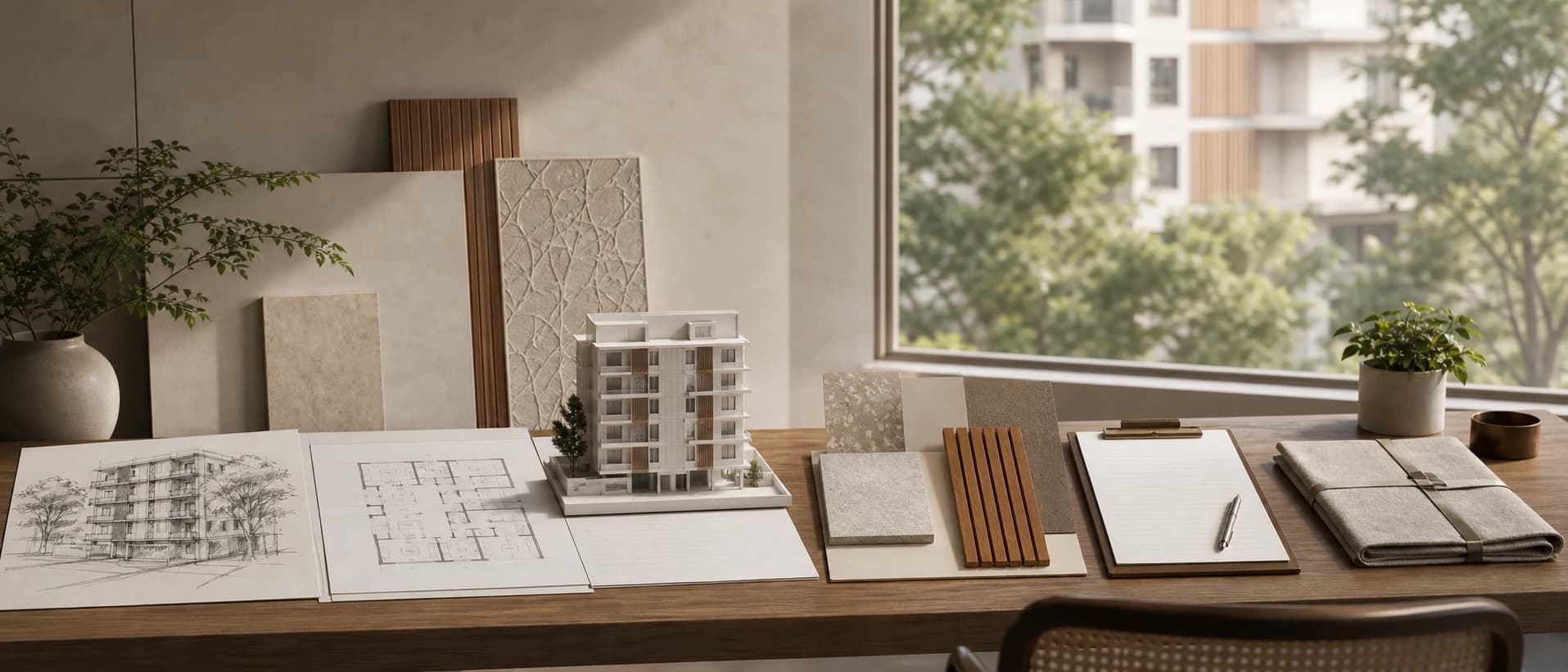 Architectural model, drawings and material studies