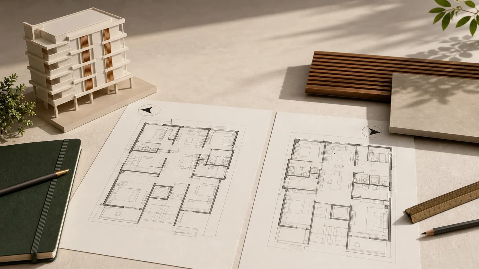 Floor plans being reviewed with an architectural model